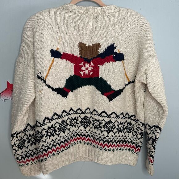 Vintage 1990s Marsh Landing Hand Knit Chunky Intarsia Skiing Bear Sweater Sz Med - Picture 2 of 7